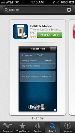 Image of RefillRx app on Itunes via iPhone